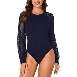 Women's Crew Neck Bodysuit Lace Sleeve Dark Blue